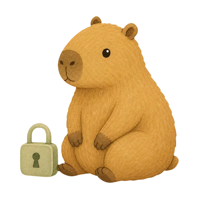 The capybara beside a small padlock. Your setup is private by design.
